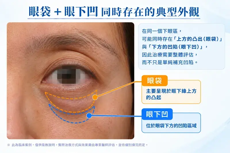 眼袋與眼下凹同時存在的下眼區案例，標示眶下緣上方的眼袋凸起與下方眼下凹位置
