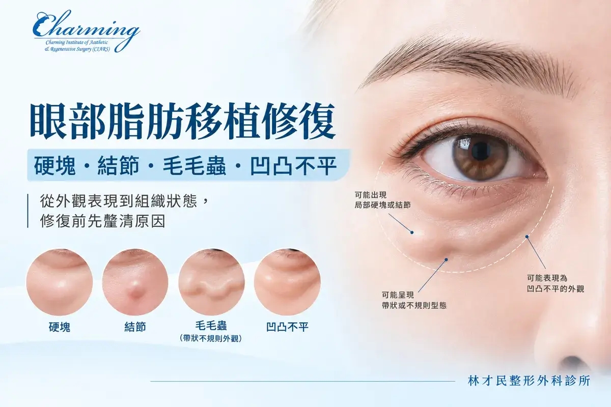 眼部脂肪移植修復示意圖，說明硬塊、結節、毛毛蟲與凹凸不平等眼下外觀問題