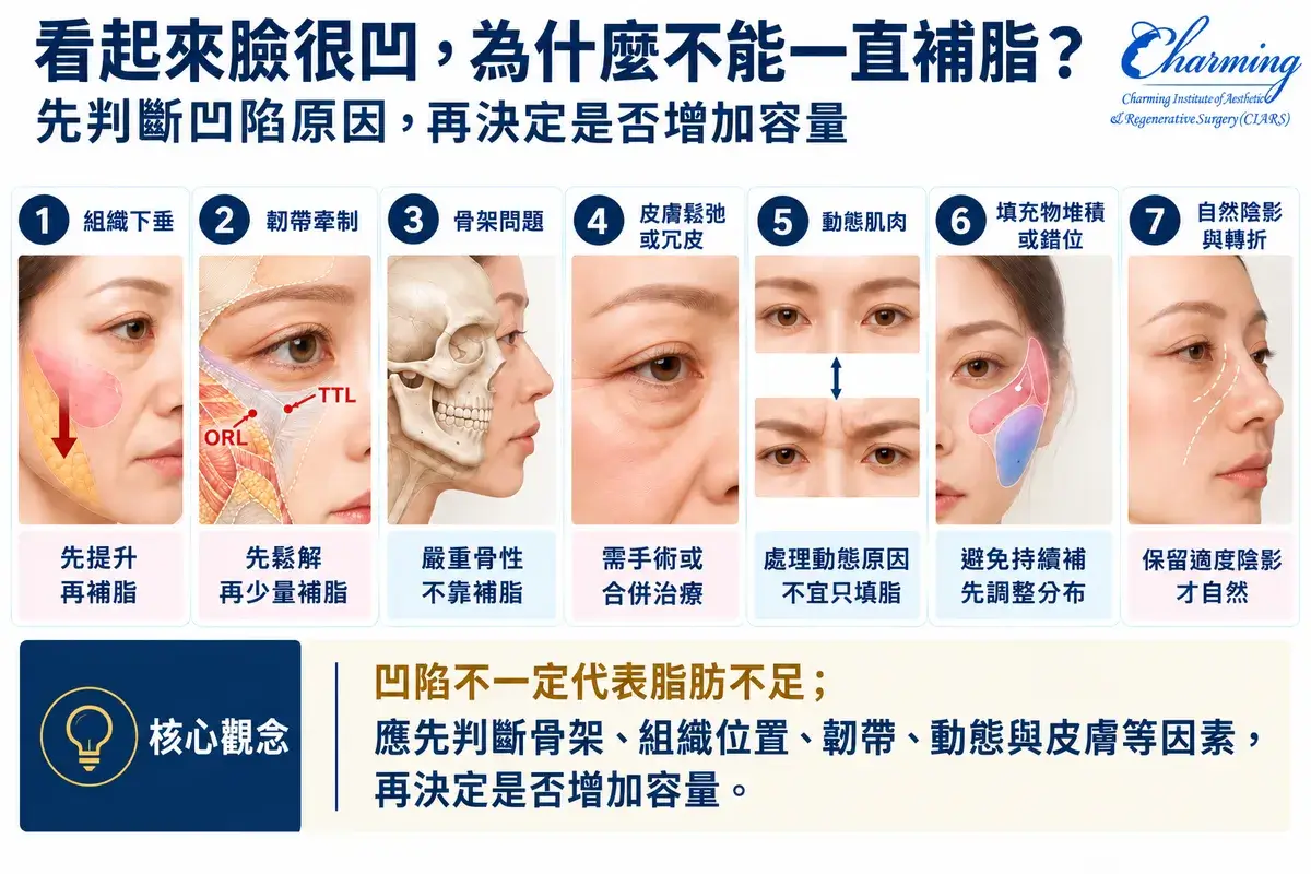 臉部凹陷補脂評估圖,說明組織下垂、韌帶牽制、骨架問題、皮膚鬆弛、動態肌肉、填充物堆積或錯位及自然陰影都可能影響臉部凹陷
