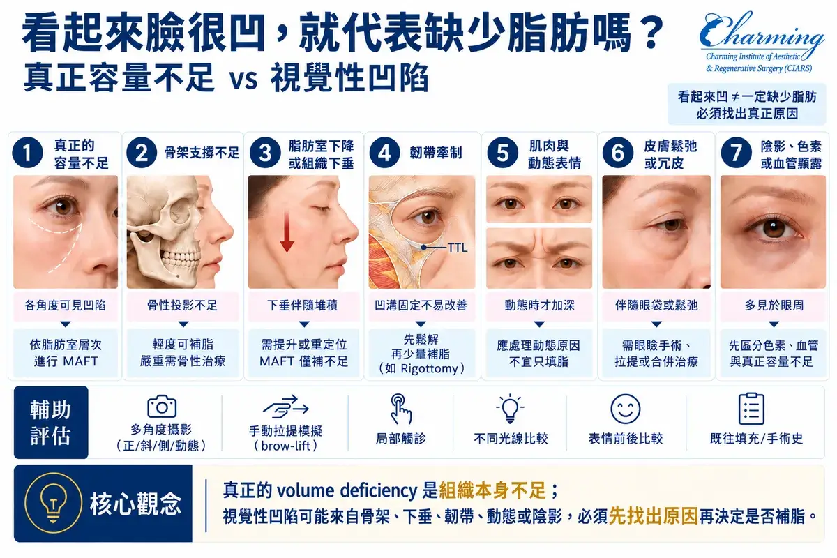 臉部真正容量不足與視覺性凹陷比較圖,說明臉凹可能與骨架支撐、脂肪室下降、組織下垂、韌帶牽制、動態表情、皮膚鬆弛及陰影等因素有關