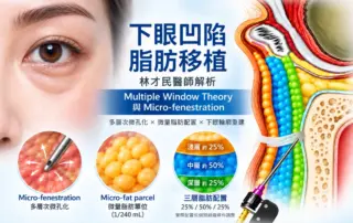 下眼凹陷脂肪移植精選圖片，呈現 Multiple Window Theory、Micro-fenestration、micro-fat parcel 與深中淺三層脂肪配置概念