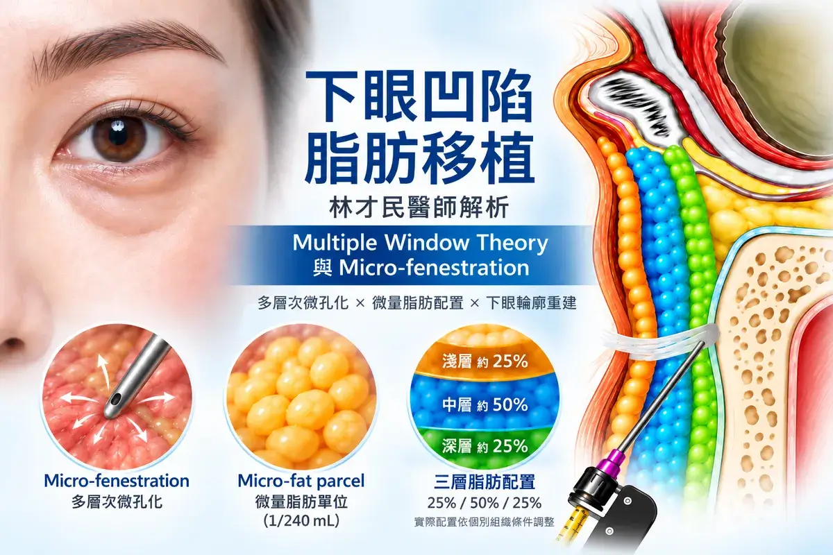 下眼凹陷脂肪移植精選圖片，呈現 Multiple Window Theory、Micro-fenestration、micro-fat parcel 與深中淺三層脂肪配置概念