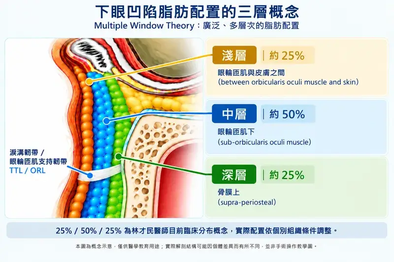 下眼凹陷脂肪配置三層示意圖，淺層約25%、中層約50%、深層約25%
