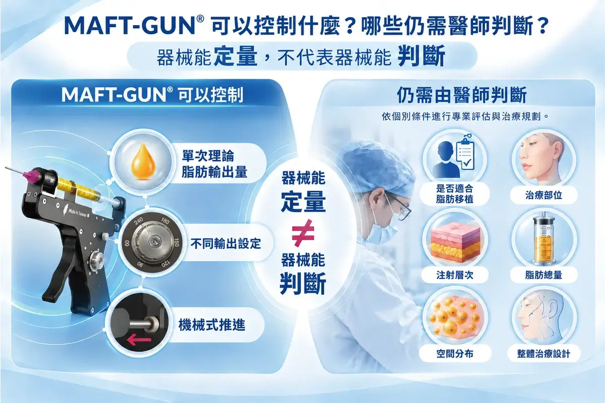 MAFT-GUN® 脂肪槍可控制單次理論脂肪輸出量與輸出設定，但治療部位、注射層次、脂肪總量與空間分布仍需醫師判斷