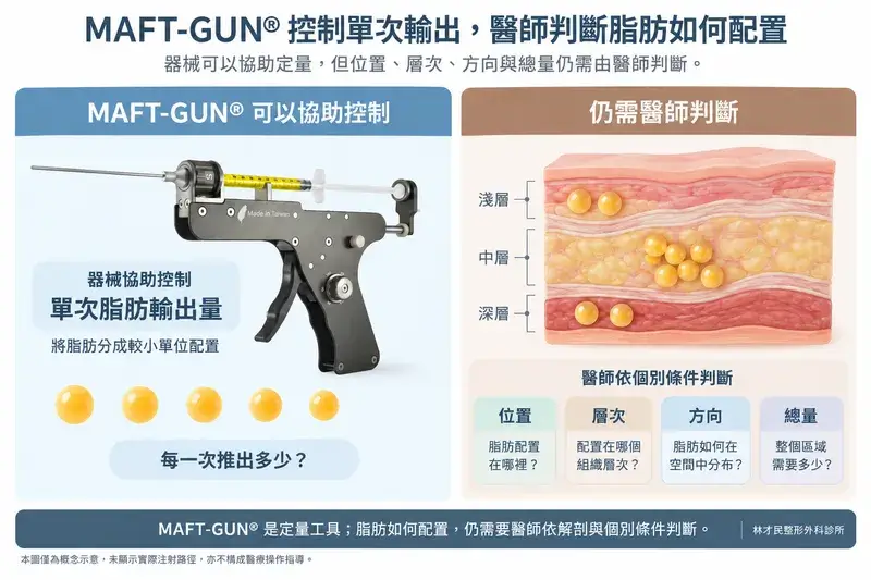 MAFT-GUN® 協助控制單次脂肪輸出量,脂肪配置的位置、層次、方向與總量仍需由醫師判斷