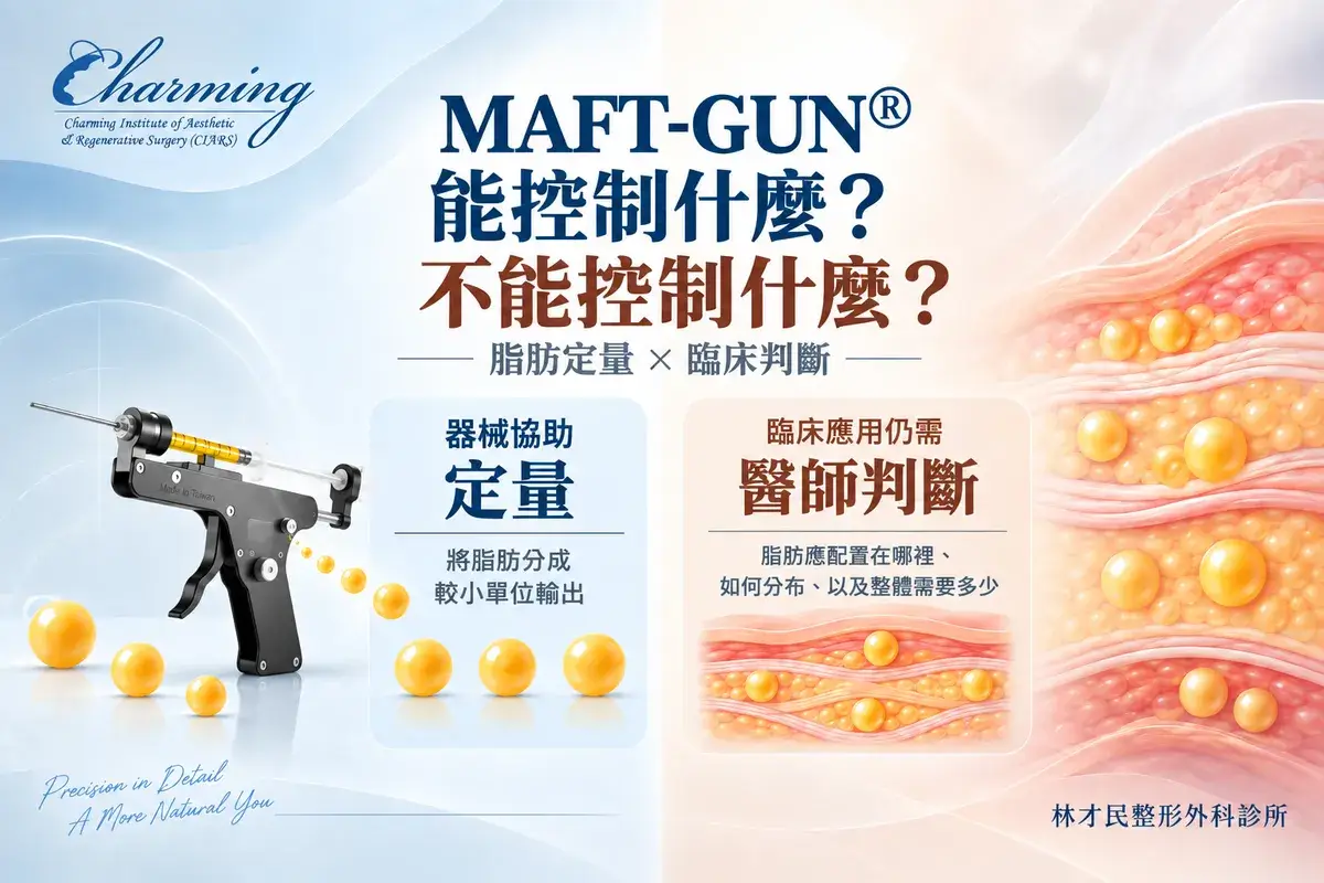 MAFT-GUN® 協助控制單次脂肪輸出量，脂肪配置仍需醫師依位置、層次、方向與總量進行臨床判斷