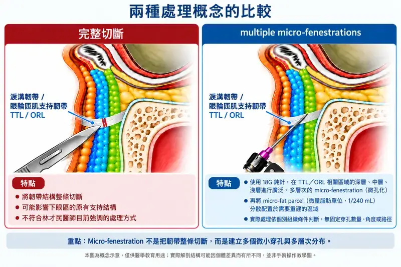 完整切斷與 multiple micro-fenestrations 概念比較圖，呈現 TTL、ORL 相關區域的完整切斷對照，以及 18G 鈍針進行多層次 micro-fenestration 的概念