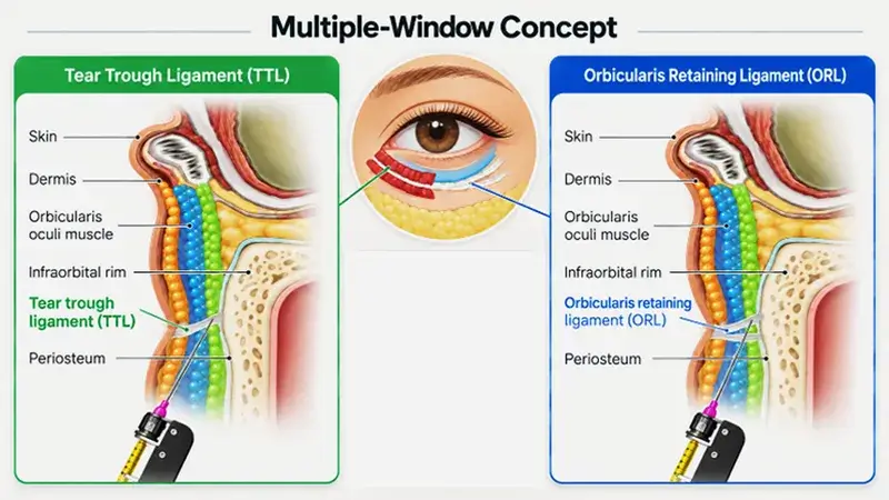 Multiple Window Theory下眼區解剖示意圖，呈現淚溝韌帶TTL與眼輪匝肌支持韌帶ORL的位置