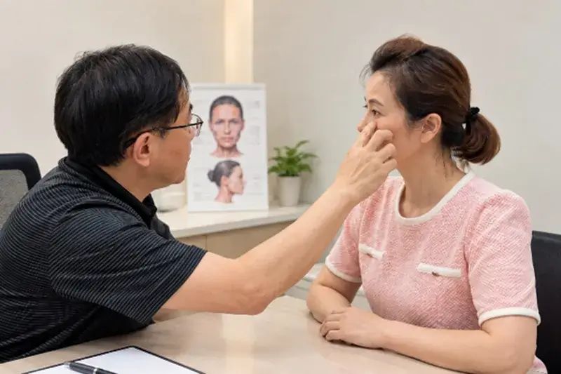 林才民醫師評估眼周二次脂肪移植前,以觸診確認下眼眶是否有硬塊或結節