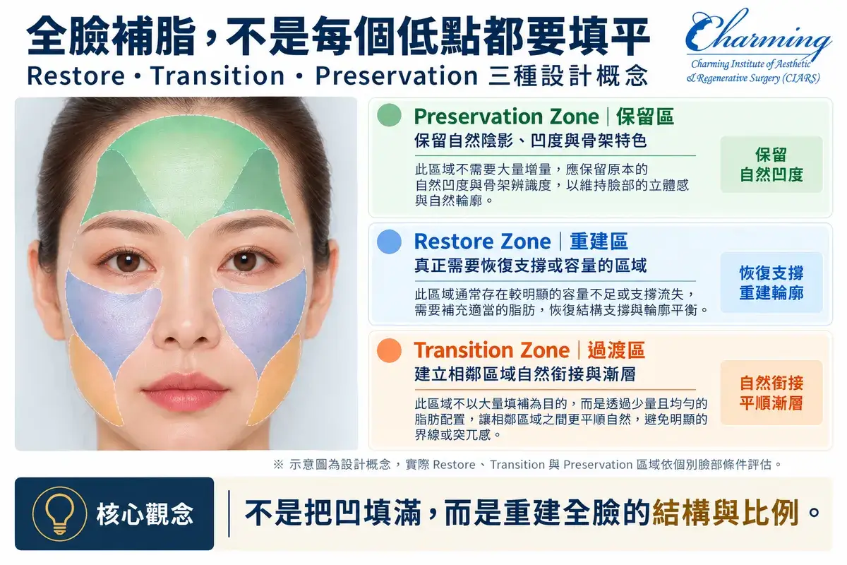 全臉補脂 Restore、Transition、Preservation 三種設計概念示意圖,說明重建區、過渡區與保留區在臉部 MAFT 評估中的不同角色