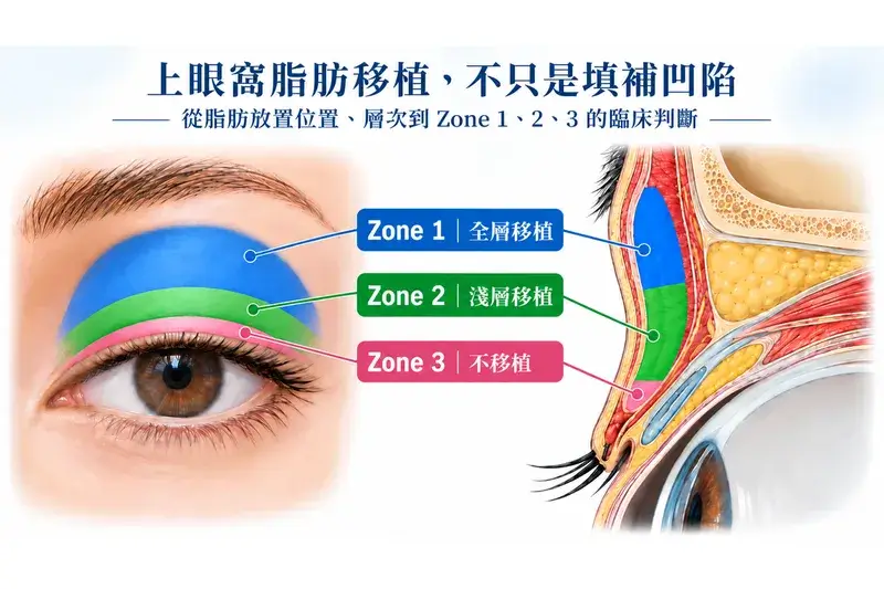 上眼窩脂肪移植 Zone 1、Zone 2、Zone 3 分區示意圖，說明不同區域的脂肪放置位置與處理原則