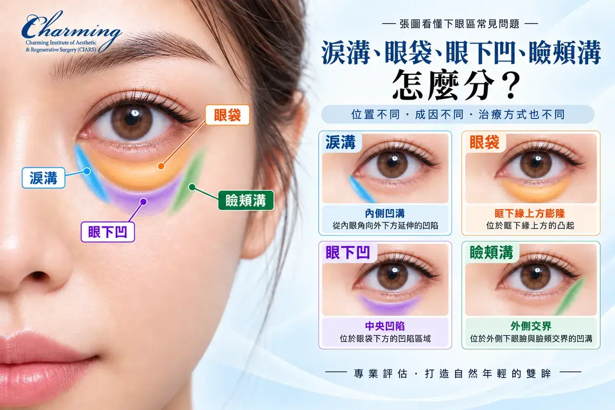 淚溝、眼袋、眼下凹與瞼頰溝位置比較圖，說明四種常見下眼區問題的差異