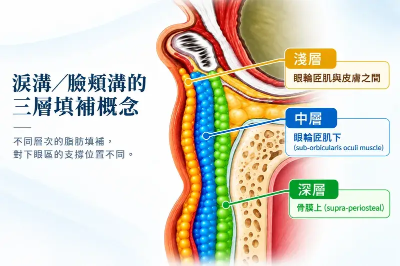 淚溝與瞼頰溝脂肪移植三層示意圖，黃色為淺層、藍色為中層、綠色為深層