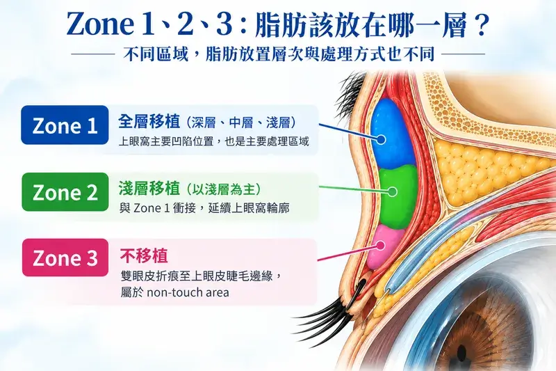 上眼窩脂肪移植 Zone 1、Zone 2、Zone 3 處理層次示意，Zone 1 全層移植、Zone 2 以淺層為主、Zone 3 不移植