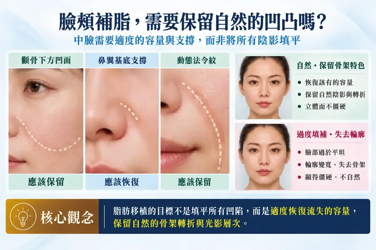 臉頰補脂與自體脂肪移植示意圖，比較中臉容量恢復、自然凹陷保留及過度填補的輪廓差異，包含顴骨下方凹面、鼻翼基底支撐與動態法令紋