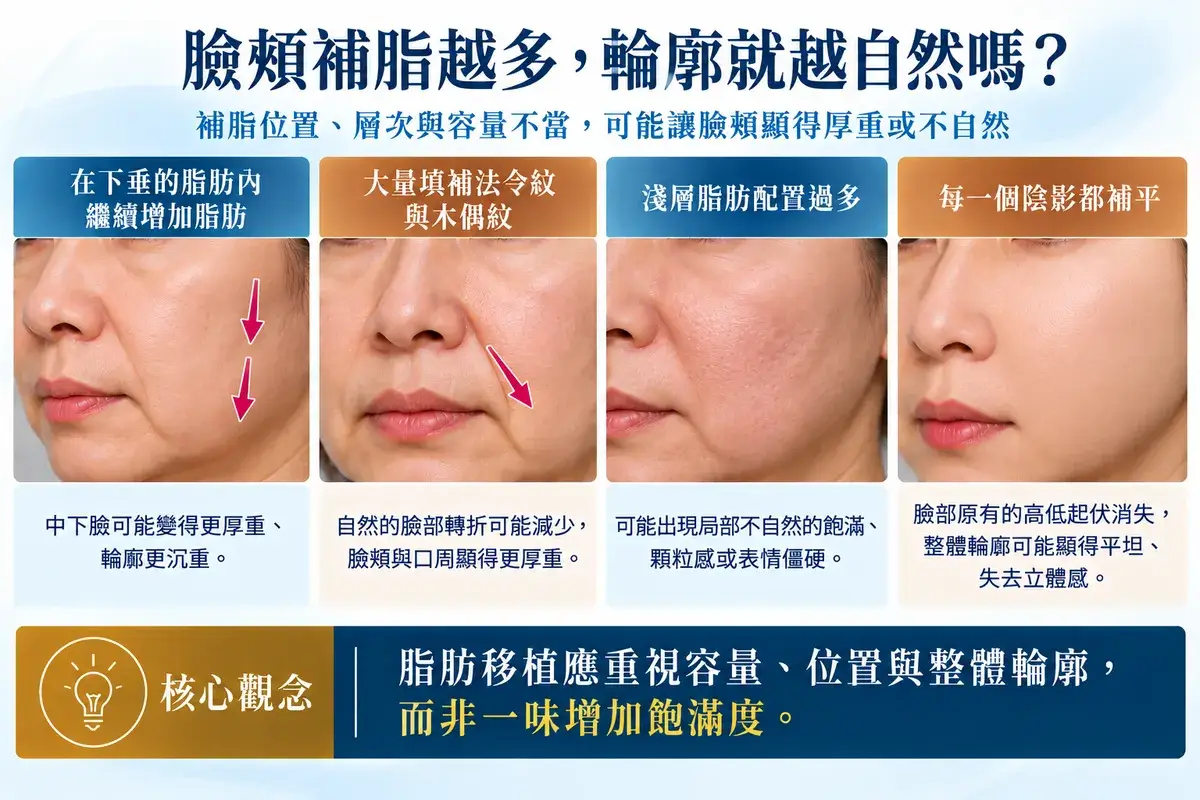 臉頰脂肪移植過度填補示意圖，比較下垂區域增加脂肪、大量填補法令紋與木偶紋、淺層脂肪配置過多及填平自然陰影等四種情況