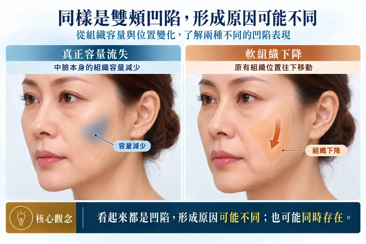 雙頰凹陷形成原因比較，左側以藍色標示臉頰容量流失，右側以橘色箭頭呈現軟組織下降與臉頰輪廓變化