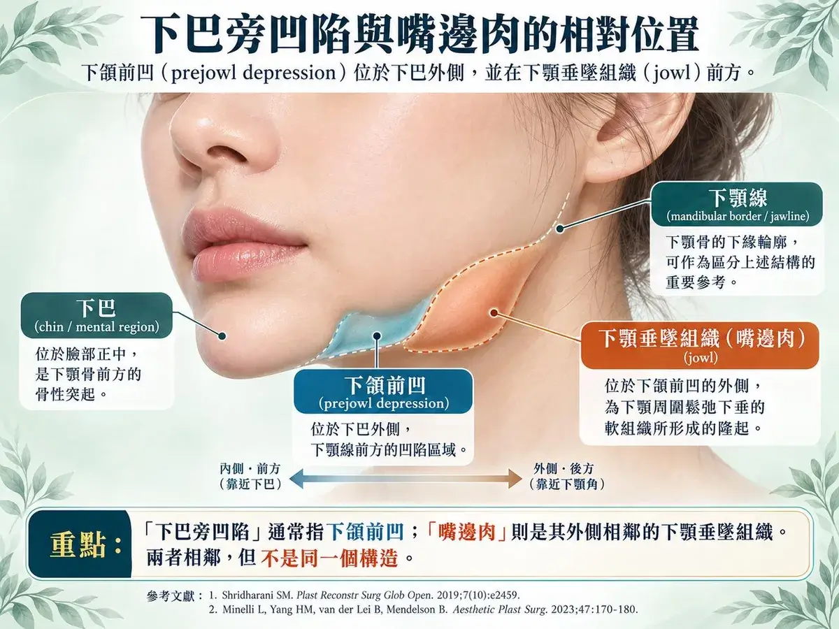女性45度下臉示意圖，標示中央下巴（chin）、下頷前凹（prejowl depression）、其外側的下顎垂墜組織（jowl，嘴邊肉）及下顎線（jawline），以藍色與橘色區分相鄰的凹陷與隆起區域。