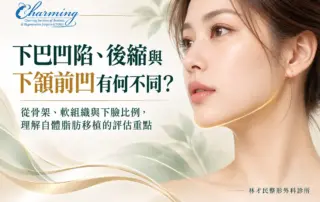 下巴凹陷、後縮與下頷前凹的評估示意圖,以女性45度側臉及下顎線輪廓呈現下巴與下臉比例,說明骨架、軟組織與自體脂肪移植的評估重點