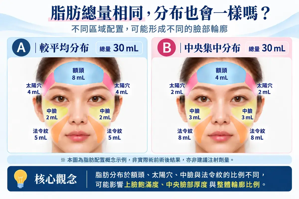 全臉脂肪移植30mL配置示意圖，比較額頭、太陽穴、中臉與法令紋不同脂肪分布比例對臉部輪廓的可能影響