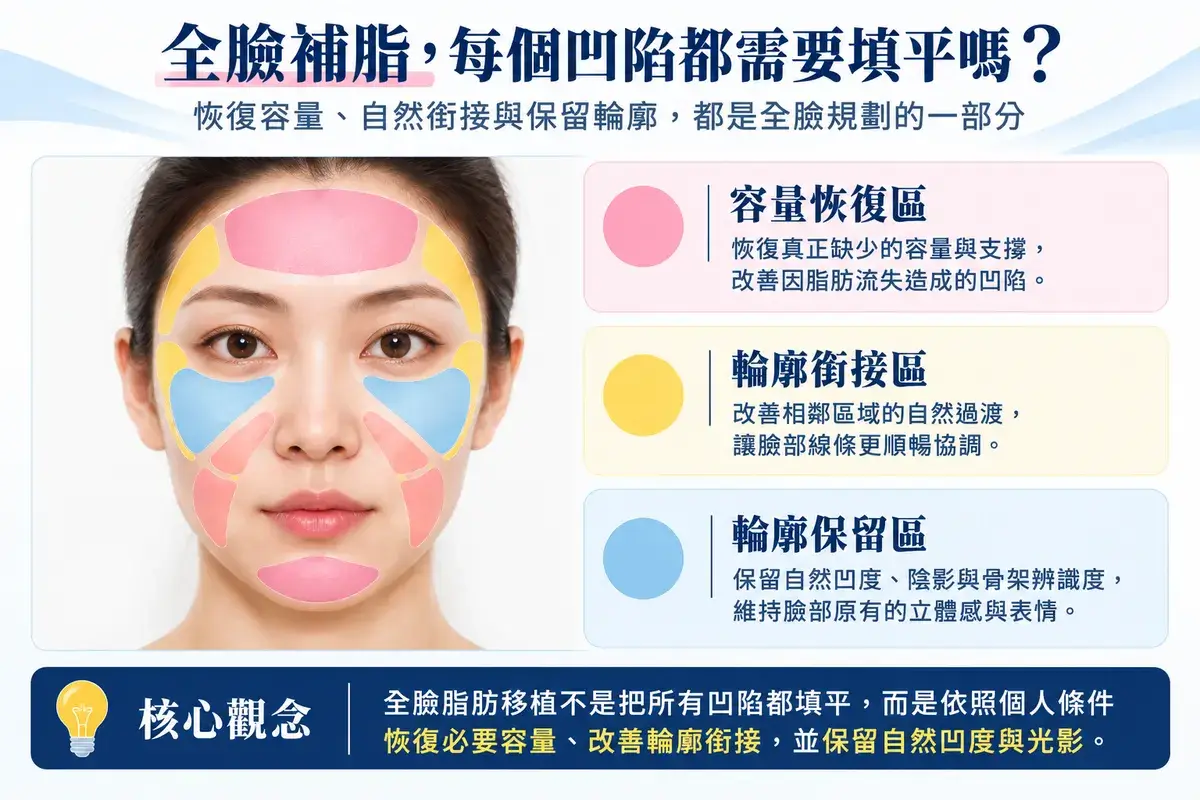 全臉脂肪移植三區配置示意圖，以粉紅、黃色及藍色標示容量恢復區、輪廓銜接區與輪廓保留區，說明自然臉部輪廓的規劃原則