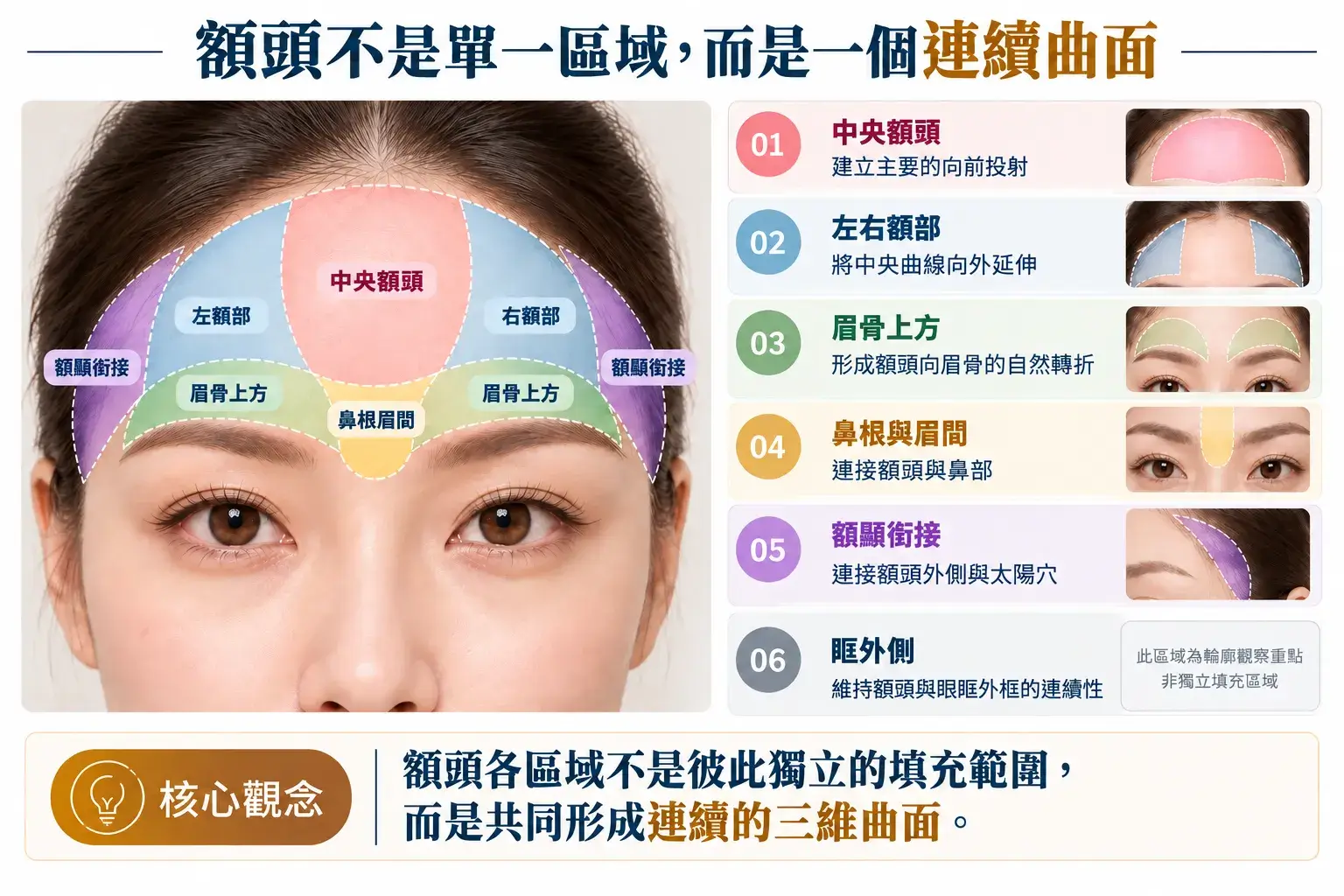 額頭脂肪移植輪廓區域示意,包含中央額頭、左右額部、眉骨上方、鼻根眉間及額顳銜接,說明各區域共同形成連續的額頭三維曲面
