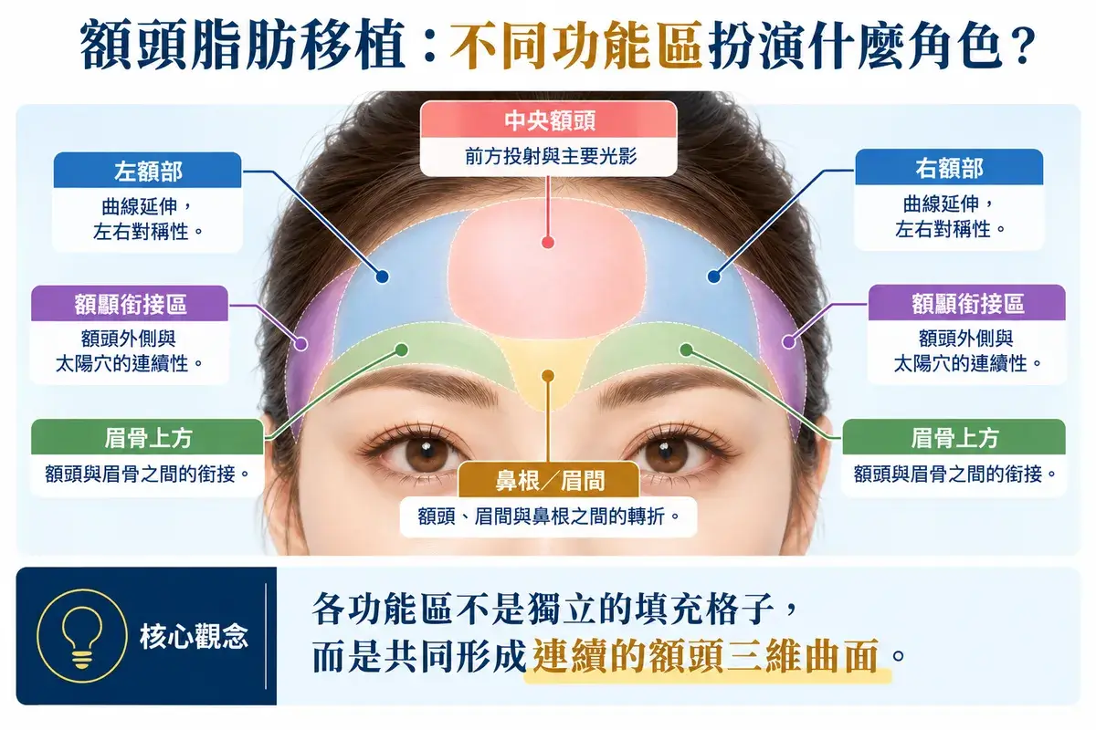 額頭脂肪移植功能分區示意,標示中央額頭、左右額部、眉骨上方、鼻根眉間與額顳銜接區及其輪廓角色