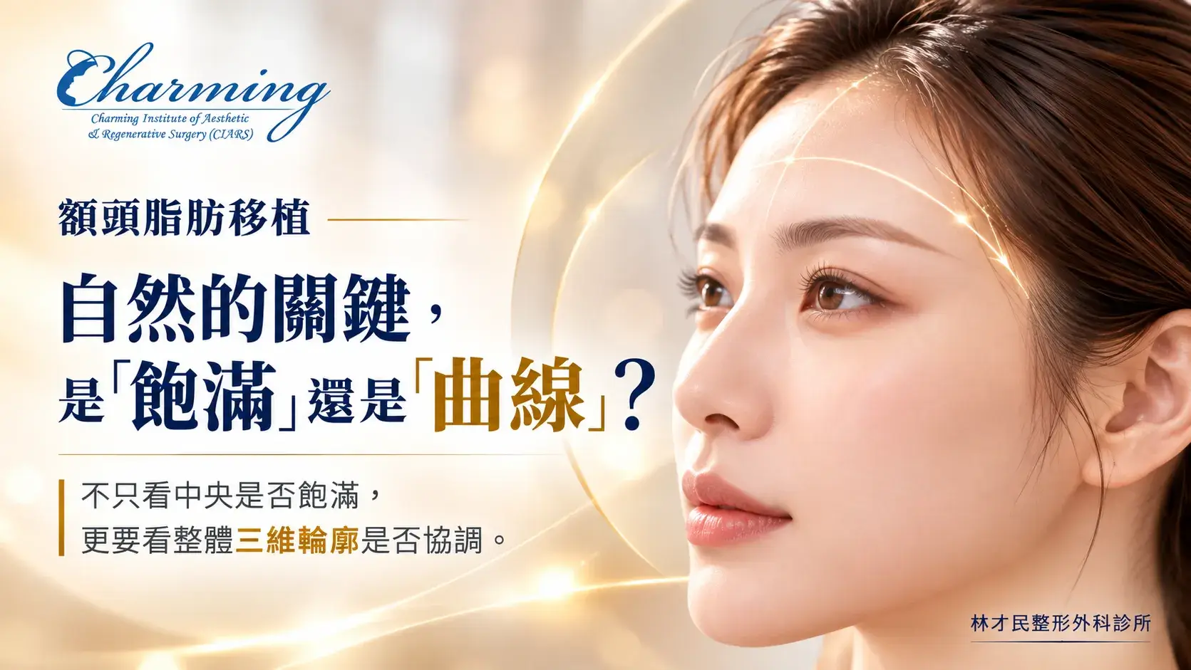 額頭脂肪移植三維輪廓示意，以額頭曲線呈現向前凸度與整體輪廓協調的評估概念