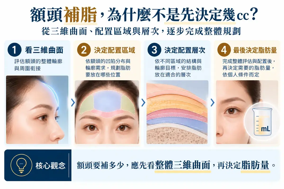 額頭脂肪移植規劃流程示意,先評估三維曲面,再決定配置區域、配置層次與脂肪量