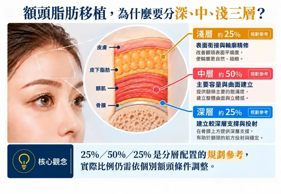 額頭脂肪移植深中淺三層配置示意圖,說明淺層、中層與深層的不同輪廓任務,以及 25%/50%/25% 為分層配置的規劃參考