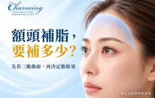 額頭補脂三維曲面評估示意圖，說明脂肪量需依額頭輪廓與個別條件評估