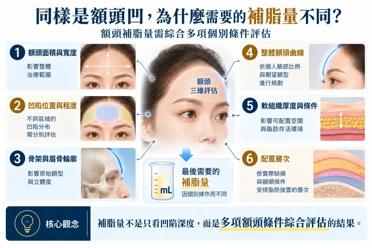 額頭脂肪移植補脂量評估示意,需綜合額頭面積與寬度、凹陷位置與程度、骨架與眉骨輪廓、整體額頭曲線、軟組織厚度與配置層次