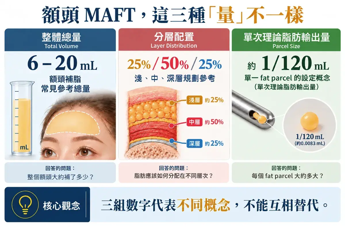額頭 MAFT 三種量的比較示意圖,說明 6–20 mL 額頭補脂常見參考總量、25%/50%/25% 深中淺層規劃參考,以及約 1/120 mL 單次理論脂肪輸出量