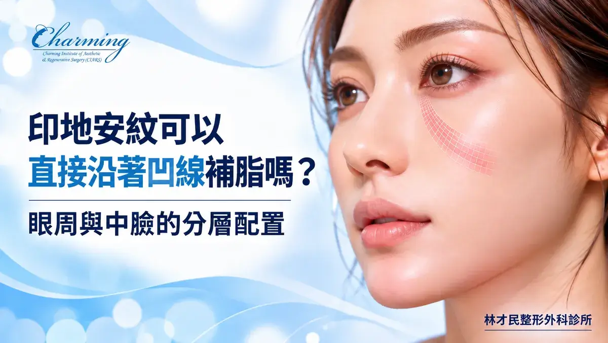 印地安紋補脂與眼周、中臉分層配置示意，女性臉部特寫以淡粉色半透明網格標示印地安紋沿顴部向外延伸的帶狀區域，呈現眼下至中臉的輪廓位置