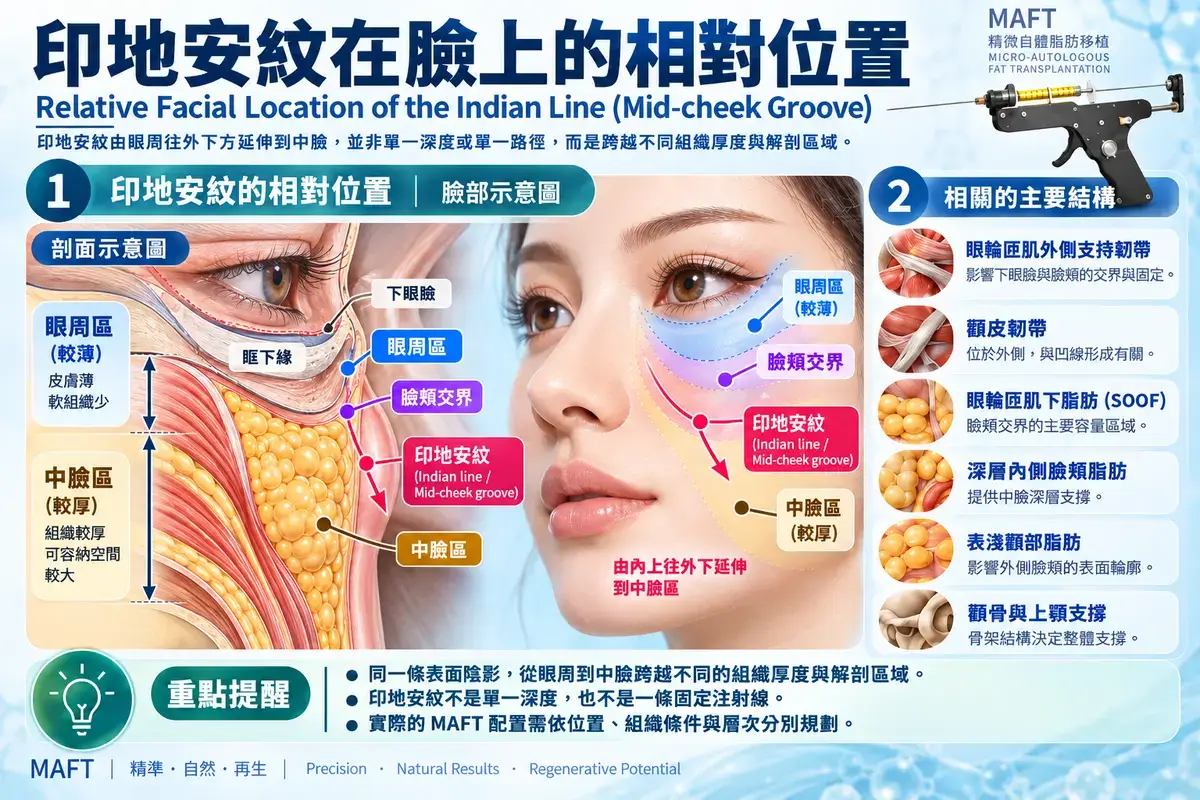 印地安紋在臉上的相對位置與眼周、中臉相關解剖結構示意圖