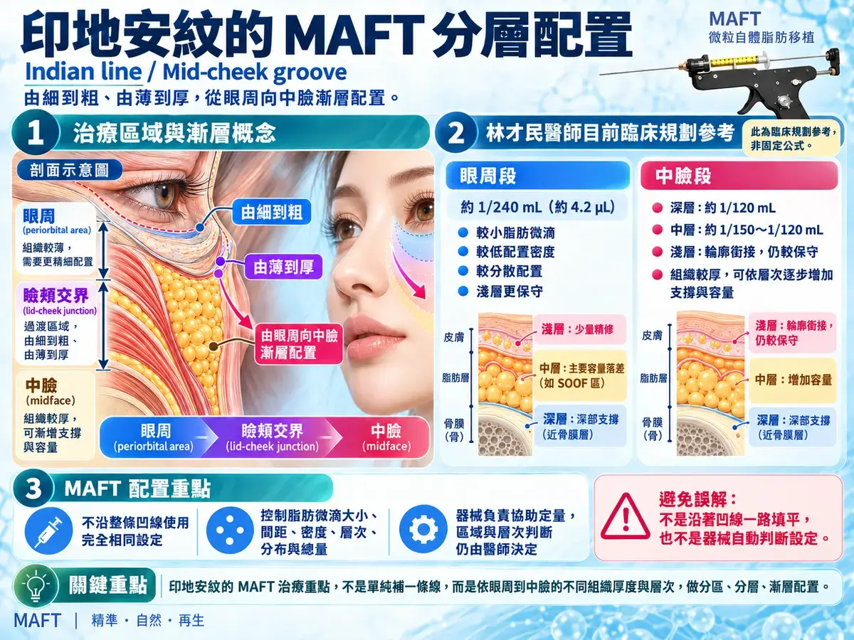 印地安紋 MAFT 分層配置示意圖,顯示眼周至中臉由細到粗、由薄到厚的脂肪微滴與層次規劃