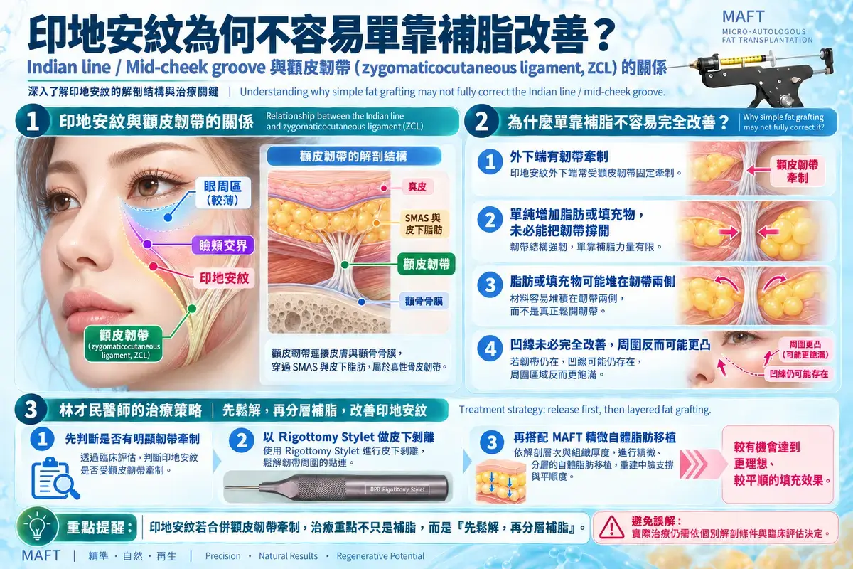 印地安紋與顴皮韌帶關係示意圖,說明韌帶牽制、Rigottomy 鬆解與 MAFT 分層補脂的治療概念