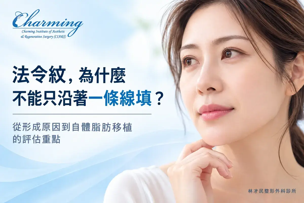 亞洲女性自然臉部特寫，呈現鼻翼至嘴角的法令紋，搭配法令紋形成原因與自體脂肪移植評估重點的文章標題
