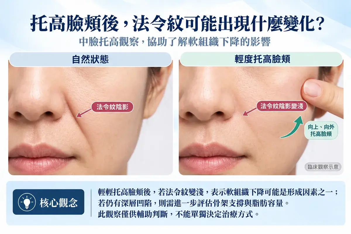 法令紋中臉托高觀察示意圖,左側呈現臉頰自然狀態下的法令紋陰影,右側呈現手指向上、向外輕度托高臉頰後,法令紋陰影可能變淺的情形