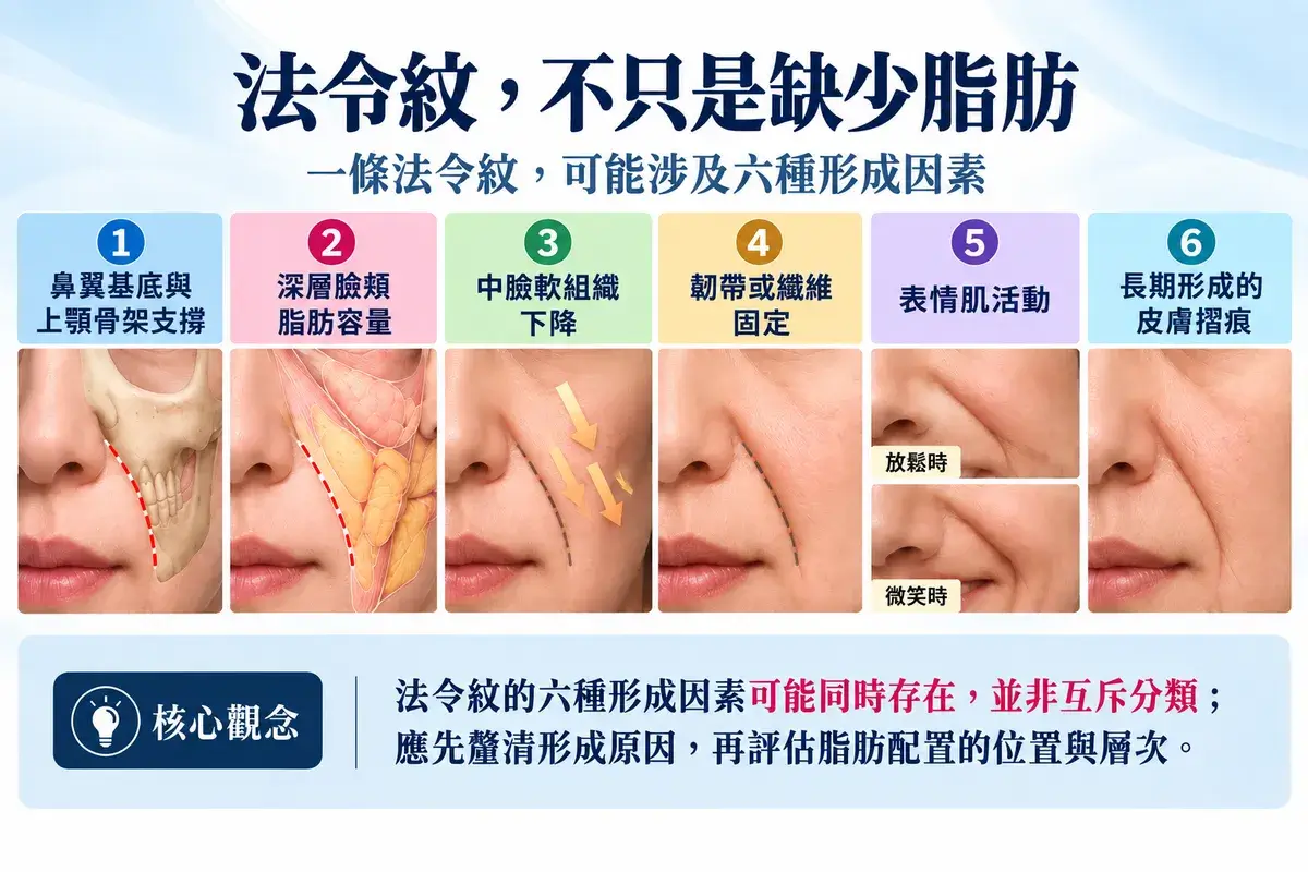 法令紋六項可能相關因素示意圖,依序呈現鼻翼基底與上顎骨架支撐、深層臉頰脂肪容量、中臉軟組織下降、韌帶或纖維固定、表情肌活動及長期形成的皮膚摺痕