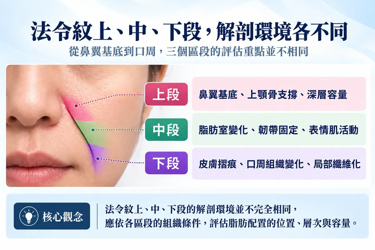 法令紋上中下三段解剖示意圖,以粉紅、綠色及紫色標示上段、中段與下段,說明鼻翼基底與上顎骨支撐、脂肪室與韌帶、表情肌活動,以及皮膚摺痕與口周組織變化