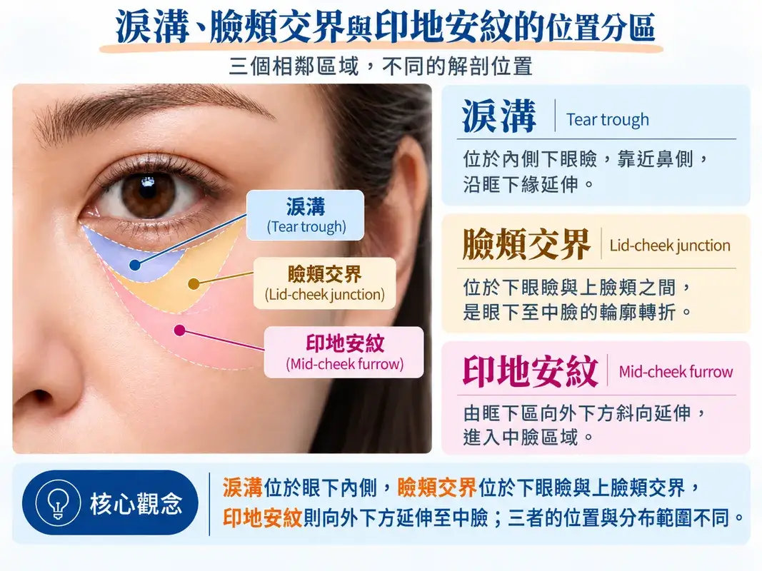 淚溝、瞼頰交界(瞼頰溝)與印地安紋的位置分區示意圖,以藍色、黃色及粉紅色呈現眼下至中臉三個相鄰解剖區域,說明其位置差異