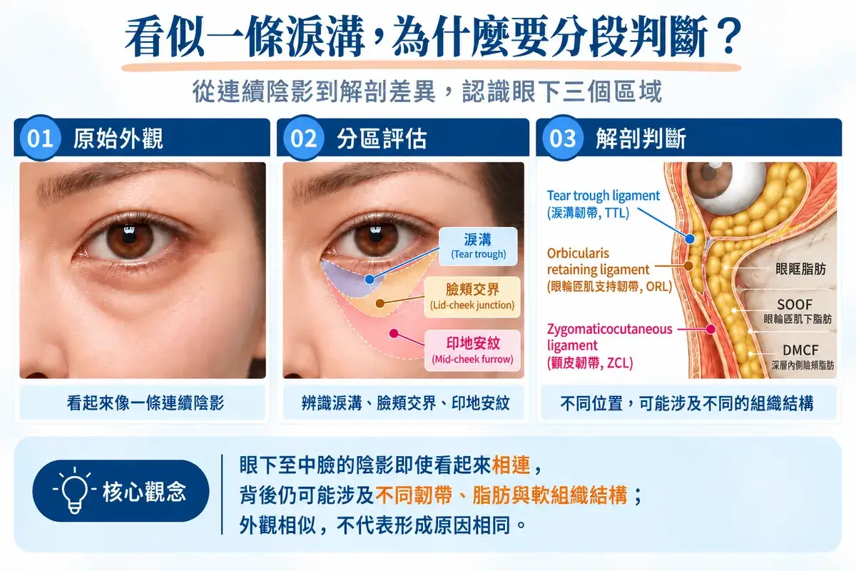 淚溝、瞼頰交界與印地安紋分區示意圖,對照眼下原始外觀、三色分區評估及眼周解剖剖面結構