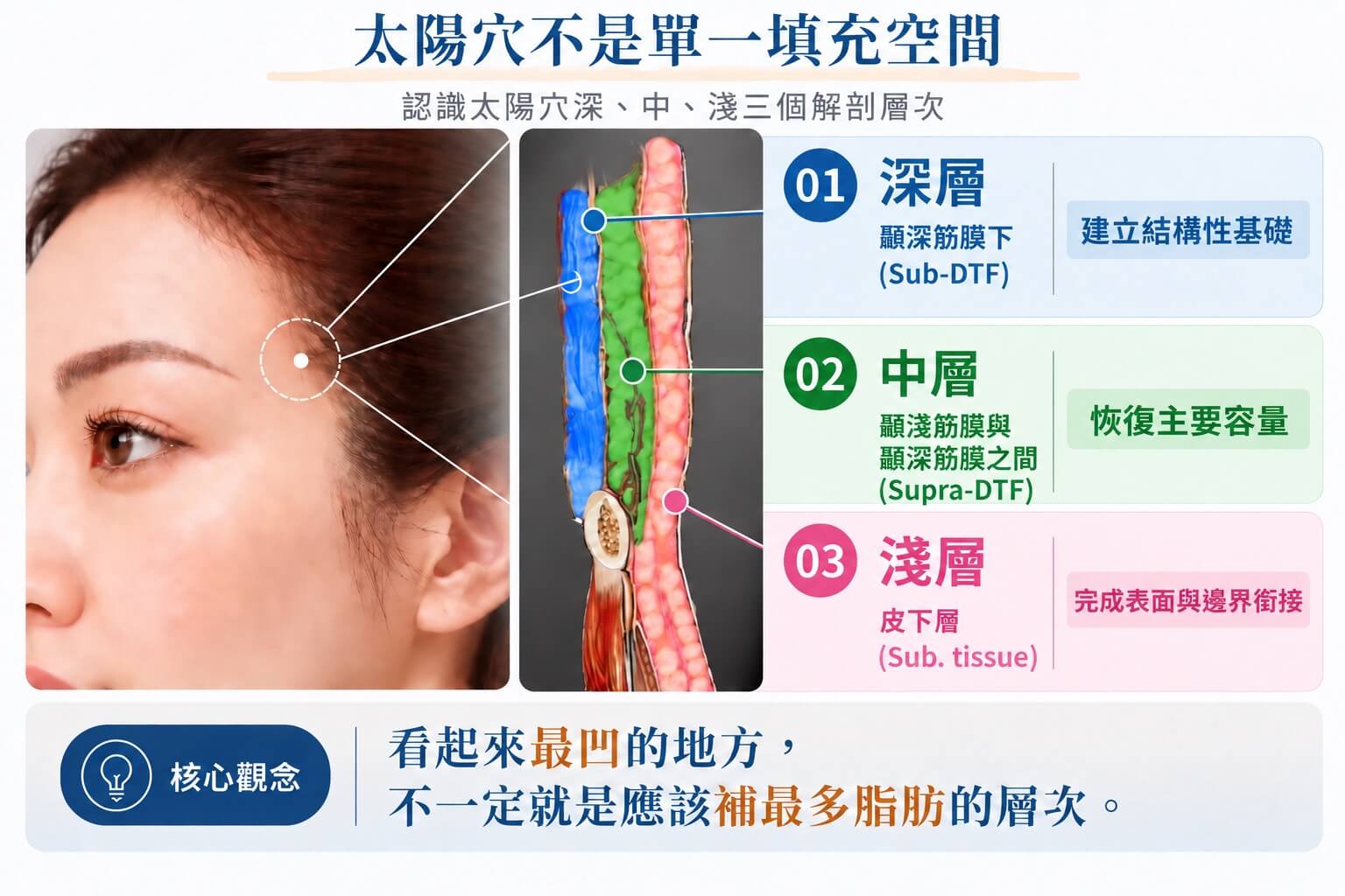 太陽穴脂肪移植深、中、淺三個解剖層次示意圖,包含深顳筋膜下、深顳筋膜與淺顳筋膜之間及皮下層