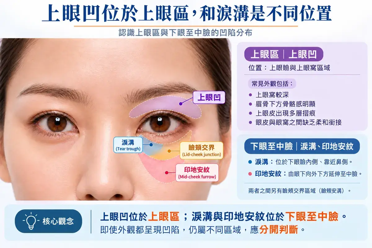 上眼凹與淚溝位置比較示意圖,標示上眼凹、淚溝、瞼頰交界及印地安紋,說明上眼區與下眼至中臉的凹陷位置差異